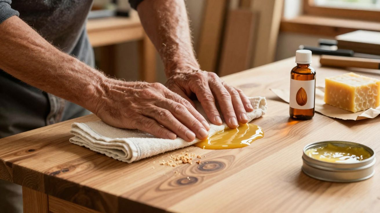 Hands applying wood polish on a wooden table with a cloth, oil bottle, beeswax block, and polishing paste nearby.