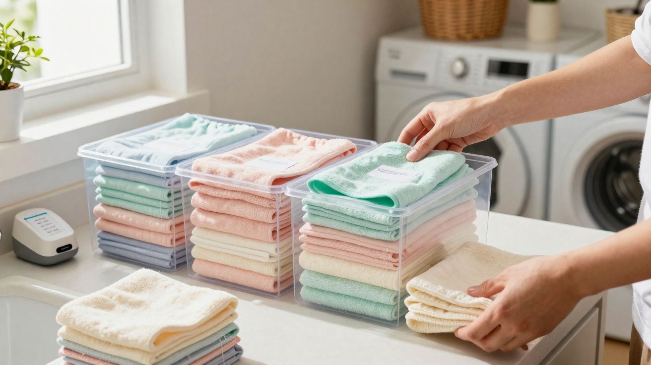 Person organising folded coloured towels into clear storage boxes on a white surface in laundry room.