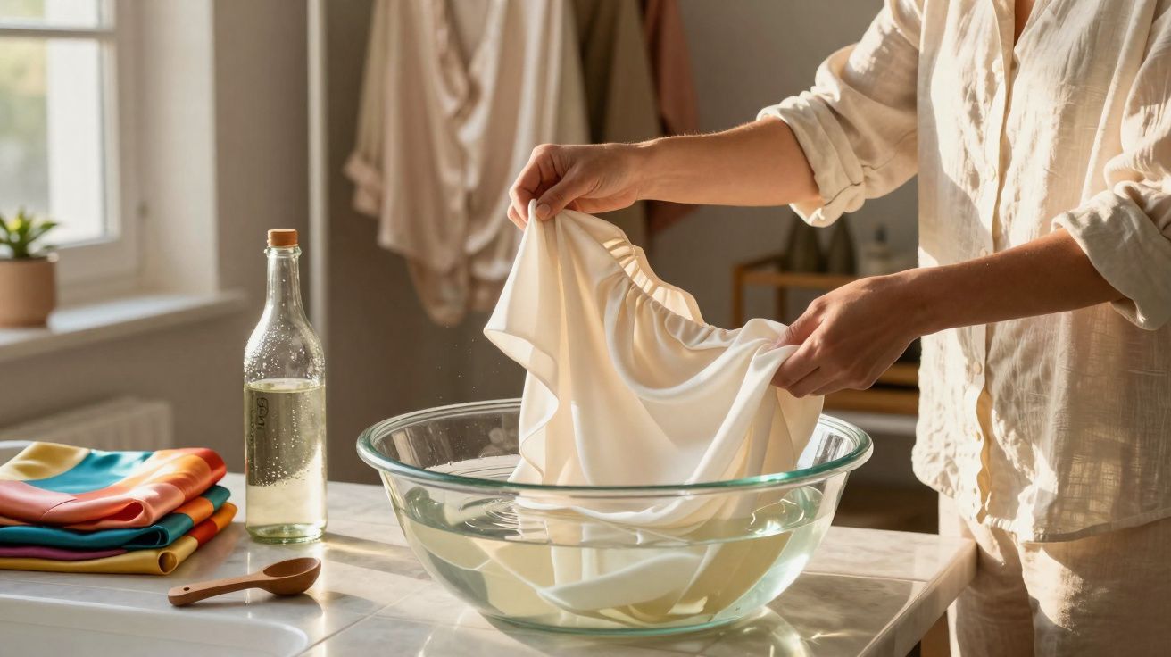Person hand-washing a white garment in a glass bowl filled with water on a kitchen counter.