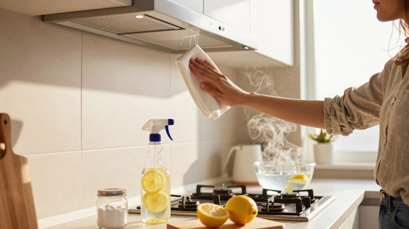 Person cleaning kitchen extractor hood with cloth next to stove and lemons on counter in bright kitchen.