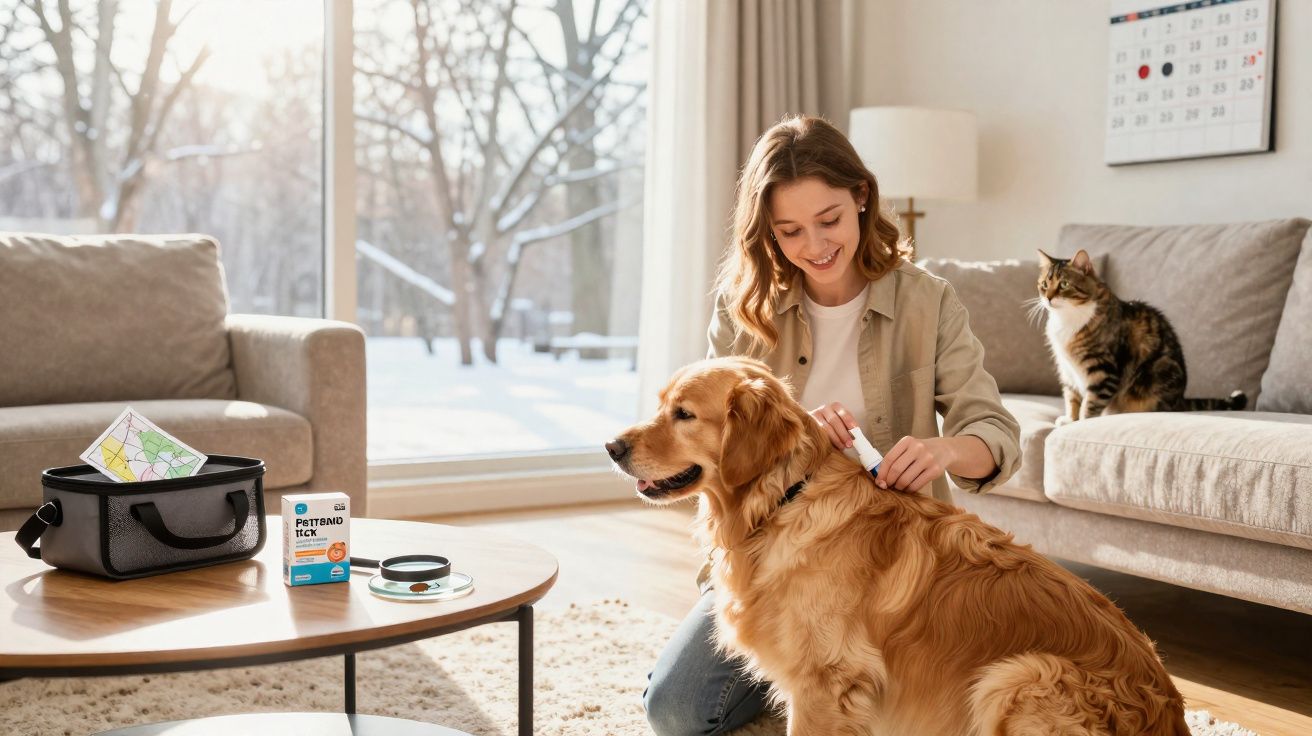 Woman applying a flea treatment to a golden retriever with a cat watching in a sunlit living room.