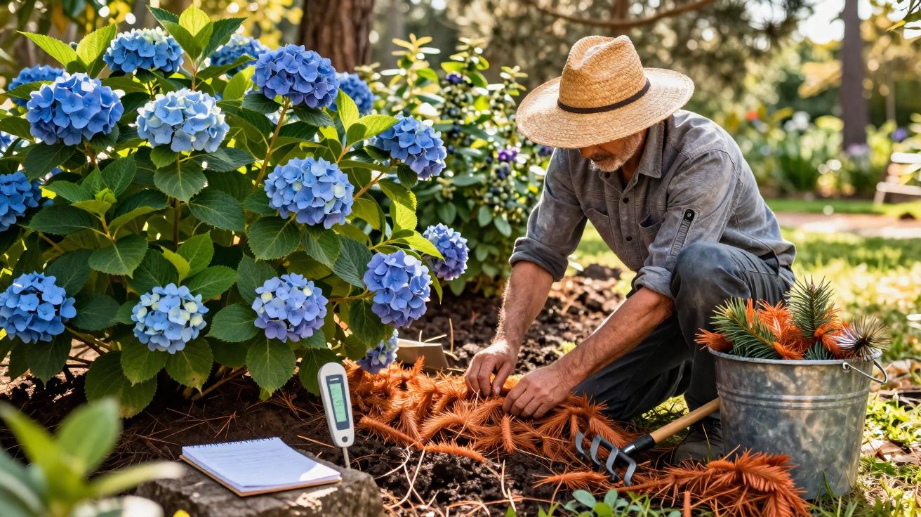 Man wearing a straw hat gardening near blue hydrangeas, handling orange pine branches in a sunny garden.