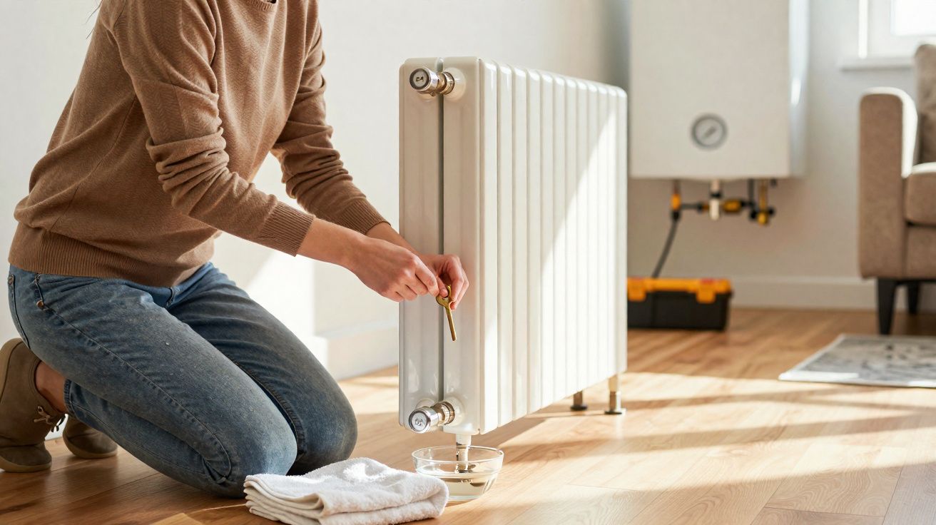 Person draining water from a white radiator into a bowl on a wooden floor indoors.