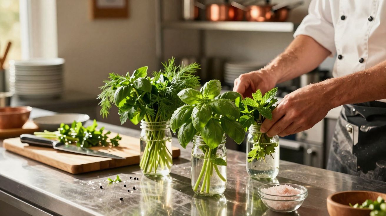 Chef placing fresh herbs in jars filled with water on a stainless steel kitchen counter.