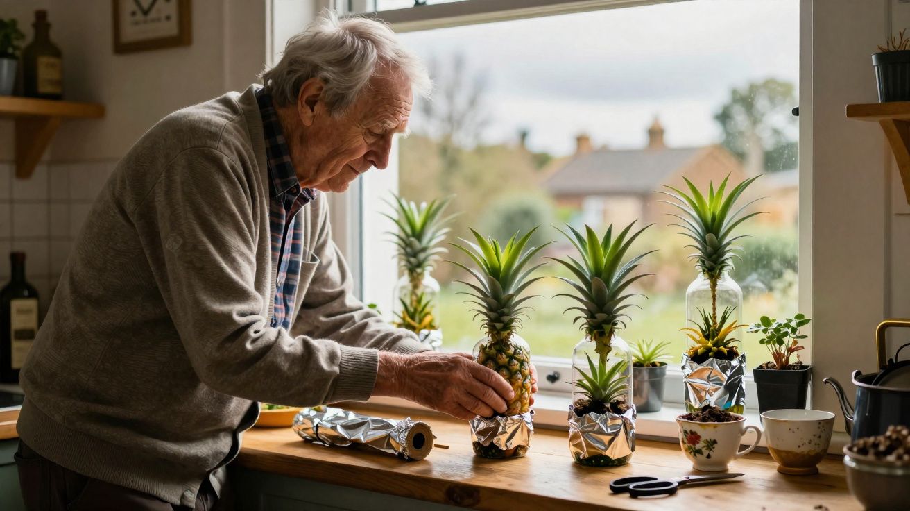 Elderly man arranging small pineapples wrapped in foil on a kitchen windowsill with garden view.