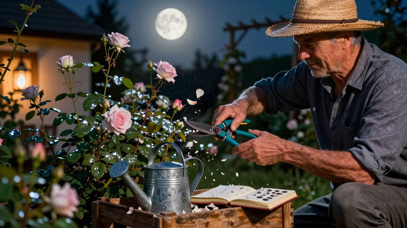 Older man pruning pink roses at night under a full moon, with watering can and gardening book nearby