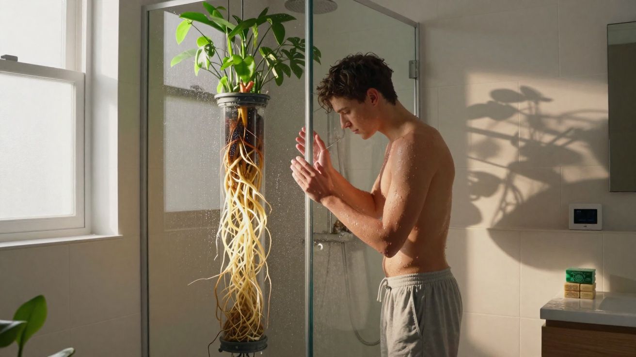 Young man in grey shorts standing in shower with tall hanging plant with exposed roots inside the shower enclosure.
