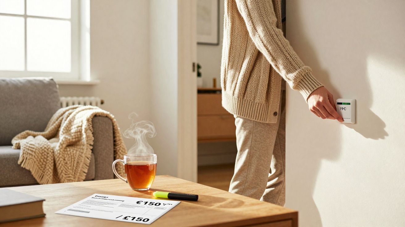 Person adjusting a wall thermostat to 19°C in a cosy living room with tea and bills on the table.