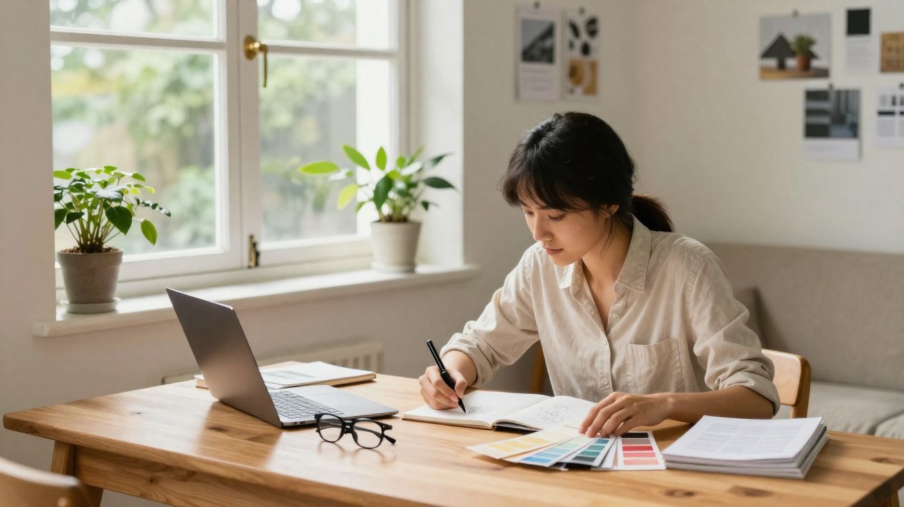 Young woman working at a wooden table with laptop, colour swatches, notebook, and plants by the window.