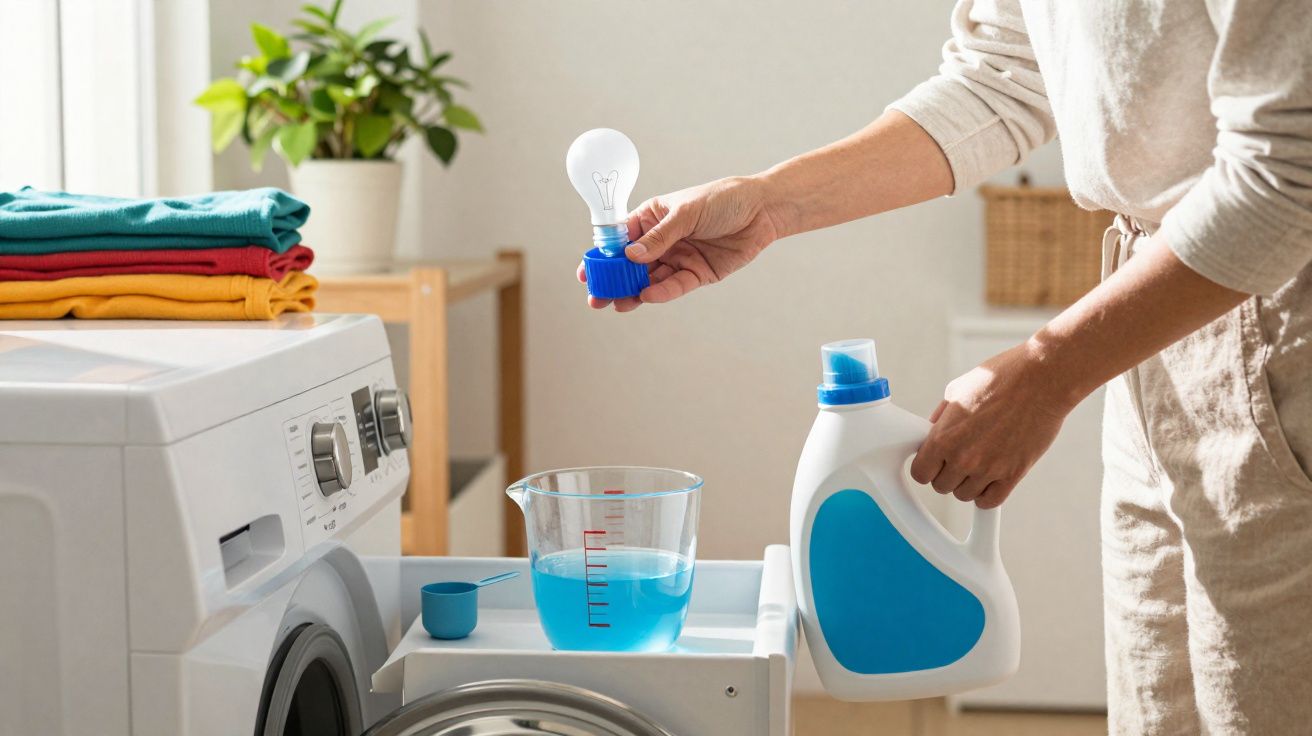Person holding a light bulb and laundry detergent near washing machine with folded clothes and measuring cup.