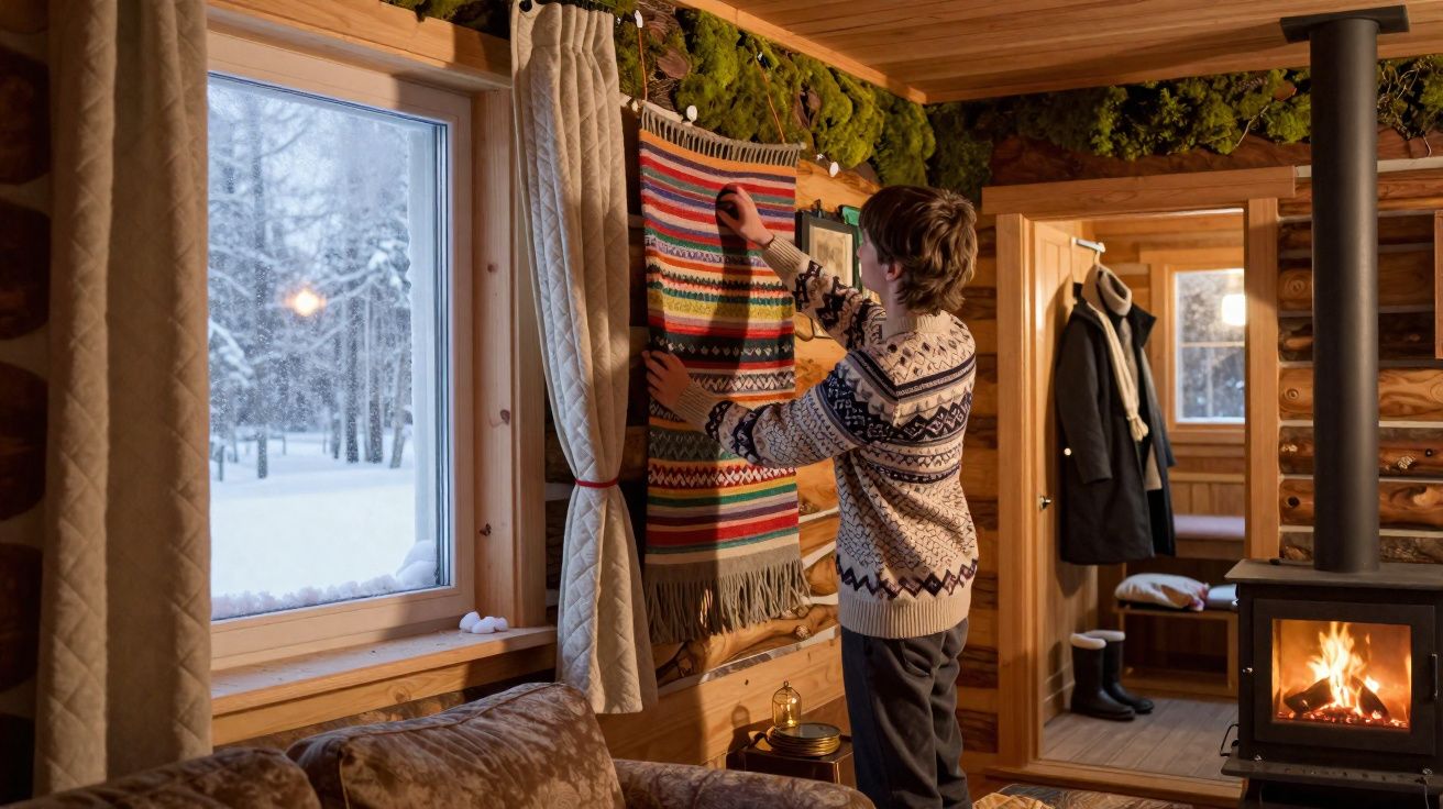 Person hanging a colourful woven blanket on a wooden wall inside a cosy cabin with snow outside the window.