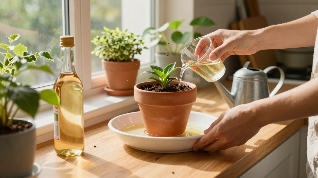 Person watering a small green plant in a terracotta pot on a kitchen windowsill.