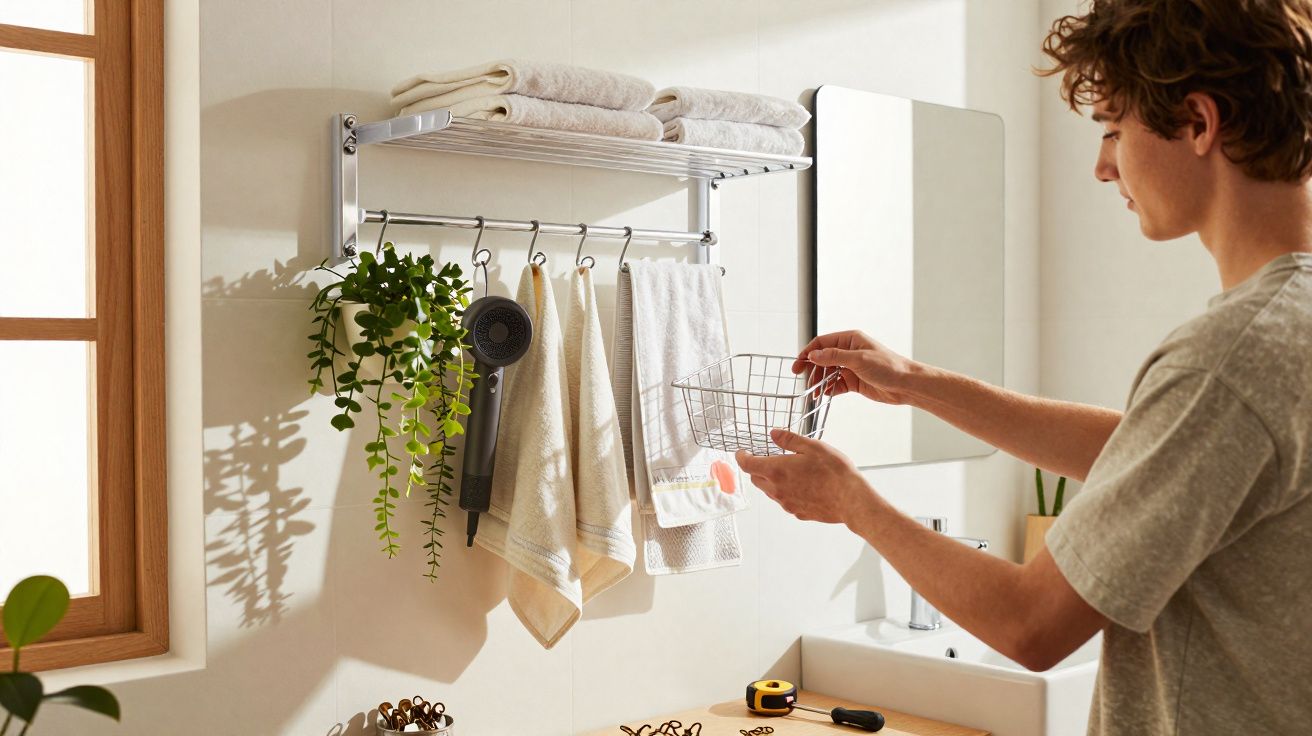Person organising a wire basket under a bathroom towel rack with hanging towels and a potted plant beside a window.
