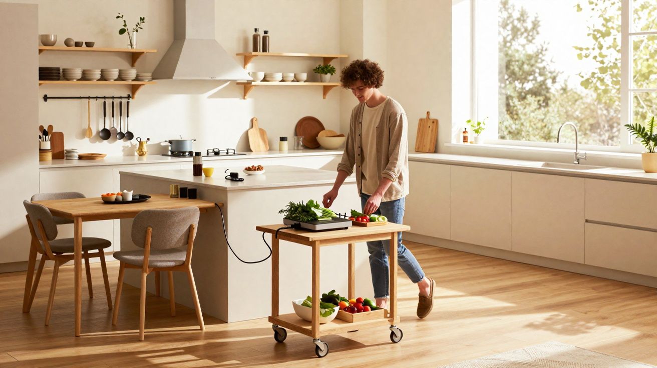 Person preparing vegetables on a wooden trolley in a bright, modern kitchen with light wood flooring.