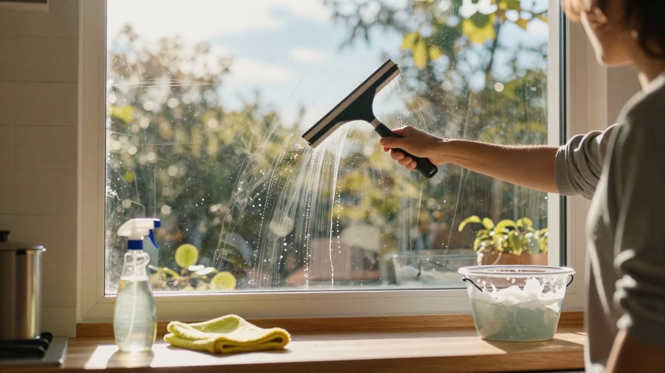 Person cleaning a sunlit kitchen window with a squeegee and cleaning supplies on the windowsill.
