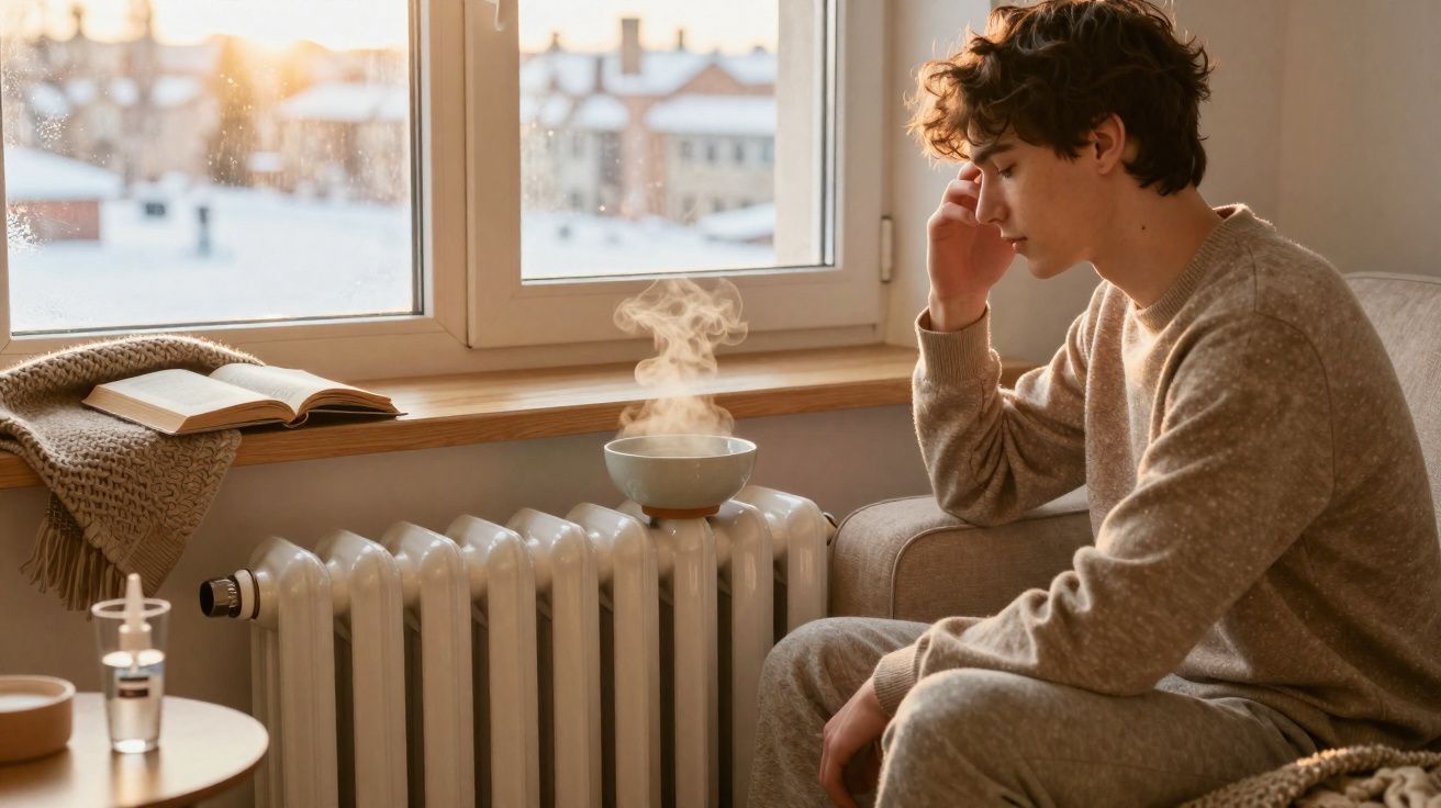 Young man sitting by a radiator with a steaming bowl and an open book on the window sill on a cold day.