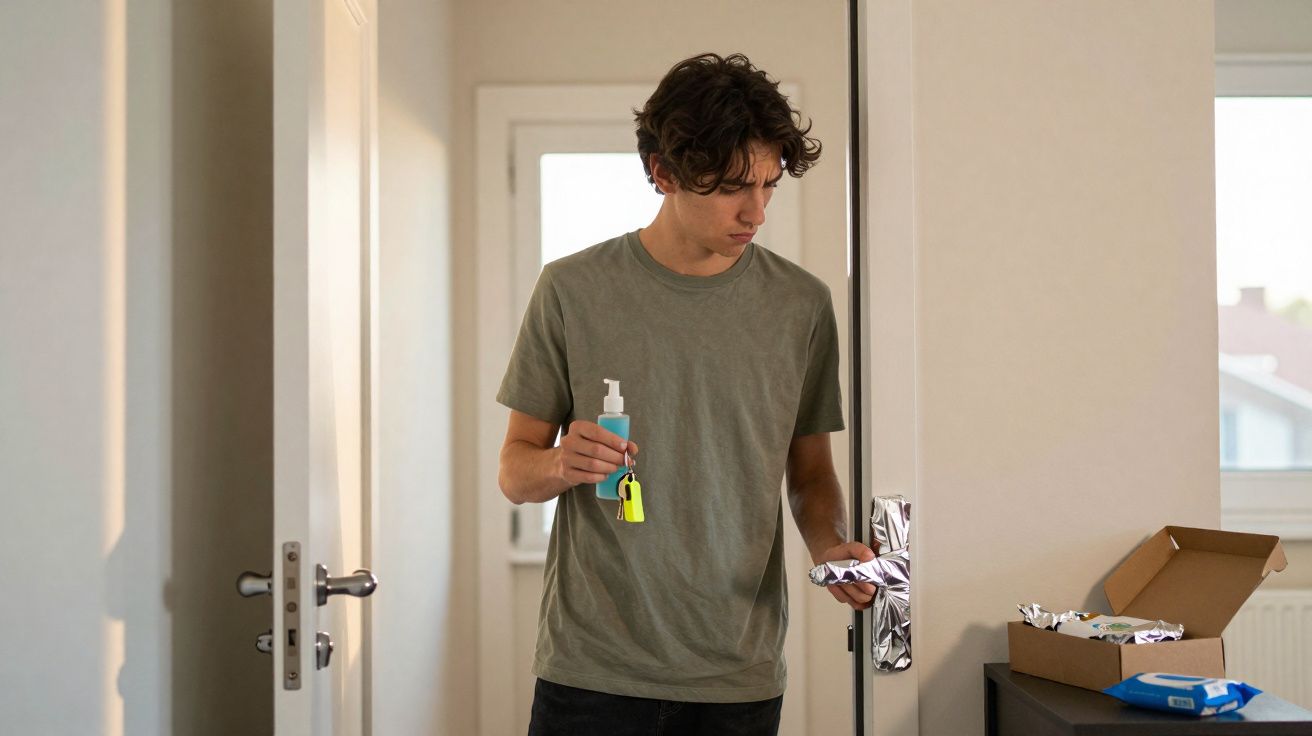 Teenage boy holding hand sanitiser and keys, opening door wrapped in aluminium foil in a room.