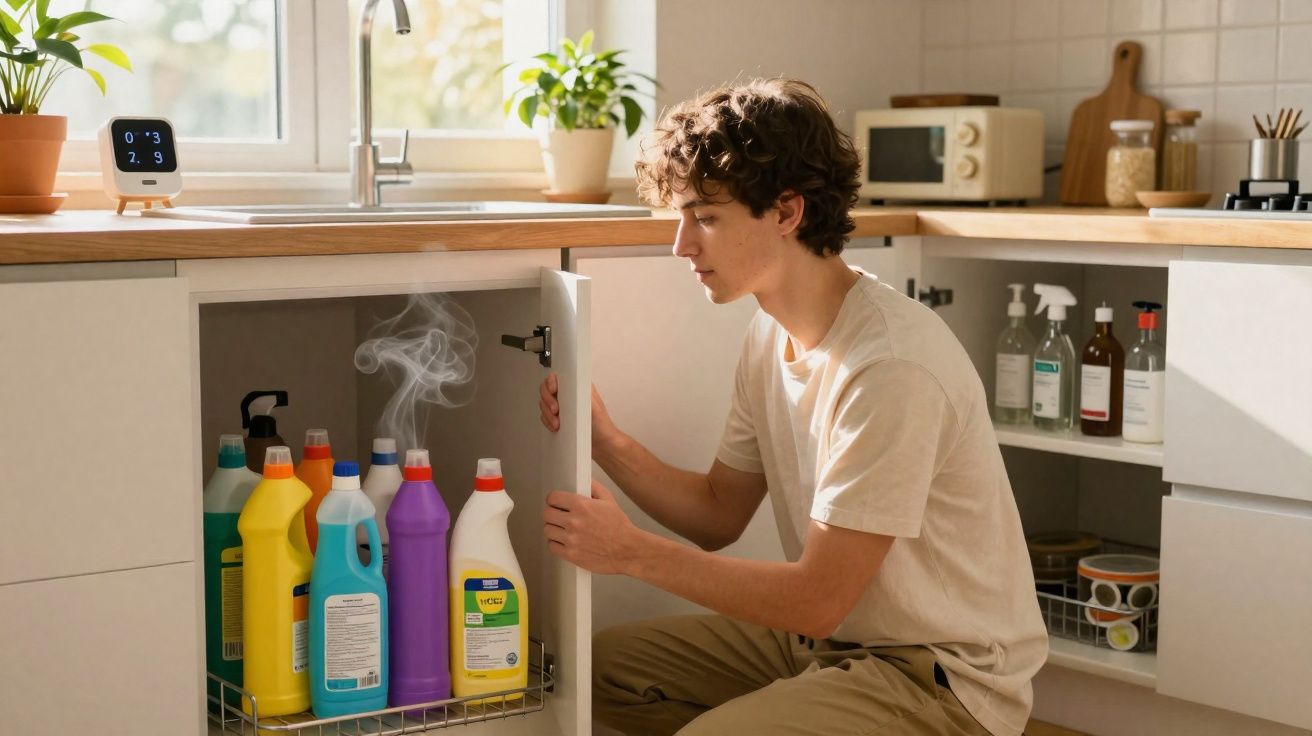 Young man kneeling by a kitchen cabinet with steam rising from cleaning product bottles inside.