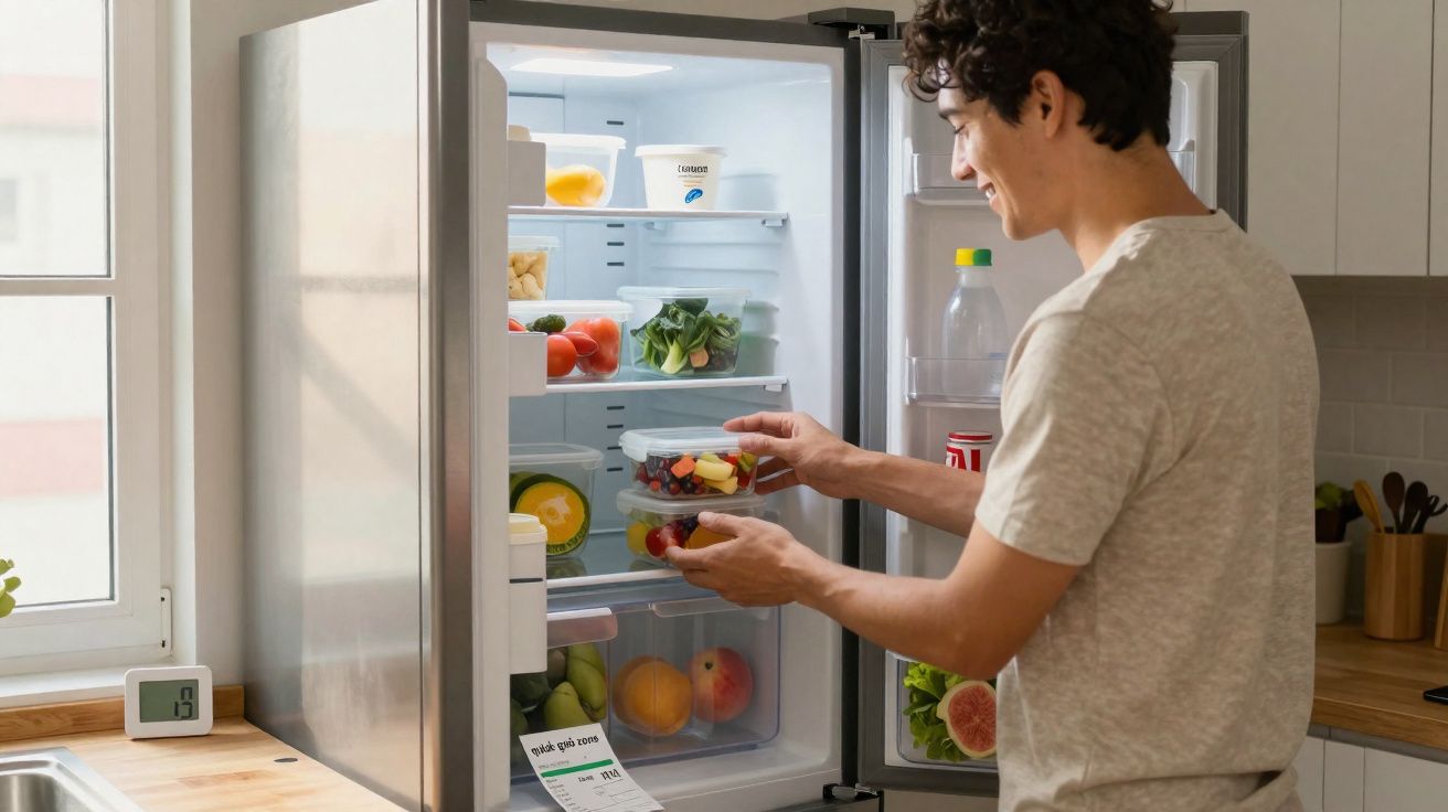 Person placing a container of fresh fruit into a well-stocked fridge in a modern kitchen.