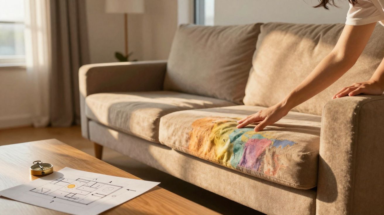 Person touching a rainbow-coloured stain on a beige sofa in a sunlit living room with a floor plan on the table.