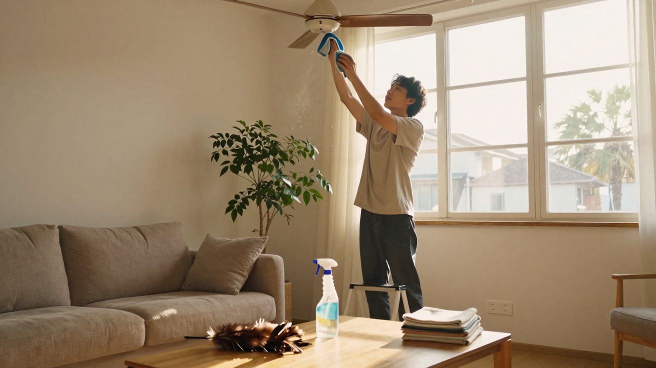Person cleaning a ceiling fan in a bright, tidy living room with a sofa and coffee table.