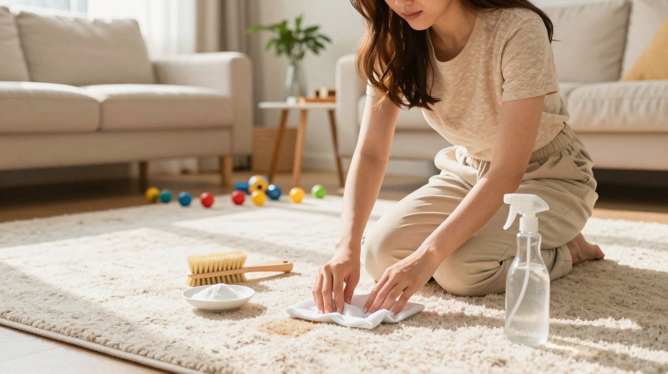Woman kneeling on a beige carpet cleaning a stain with a cloth, spray bottle, and brush nearby in a living room.