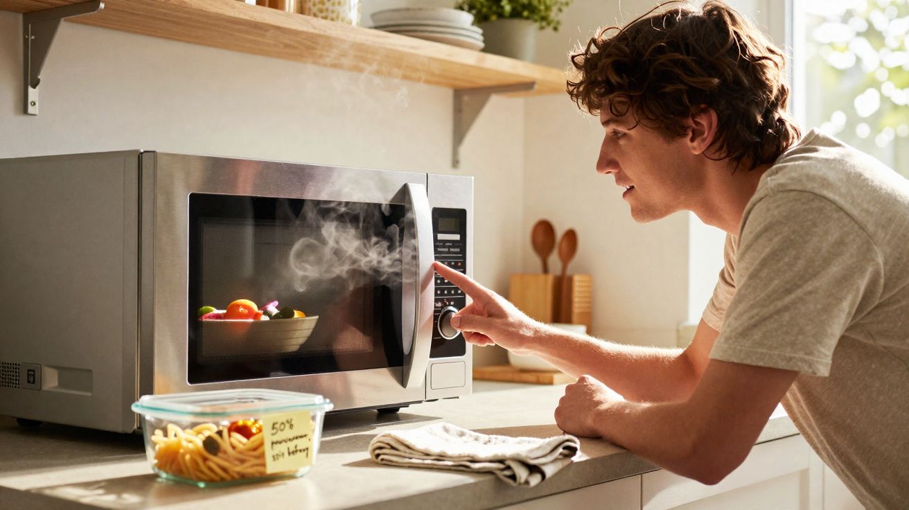 Young man heating a bowl of vegetables in a microwave in a bright kitchen with pasta container on the counter.