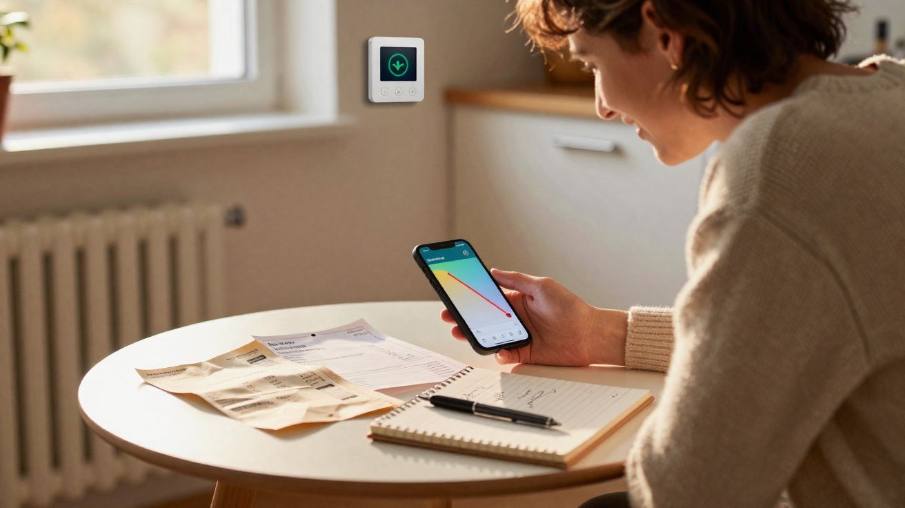 Person sitting at a table, checking energy usage graph on smartphone with bills and notebook nearby in a bright room.