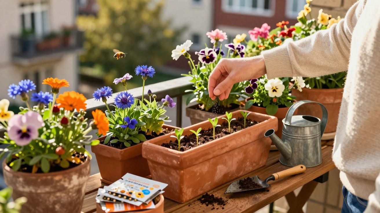 Person planting seeds in a balcony garden with colourful flowers and gardening tools on a sunny day.