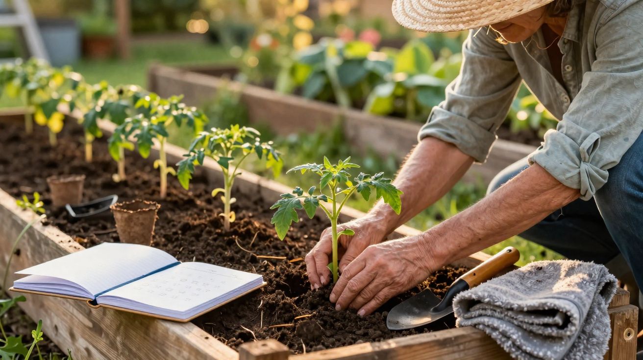 Person planting young tomato seedlings in raised garden bed with open notebook and gardening tools nearby.