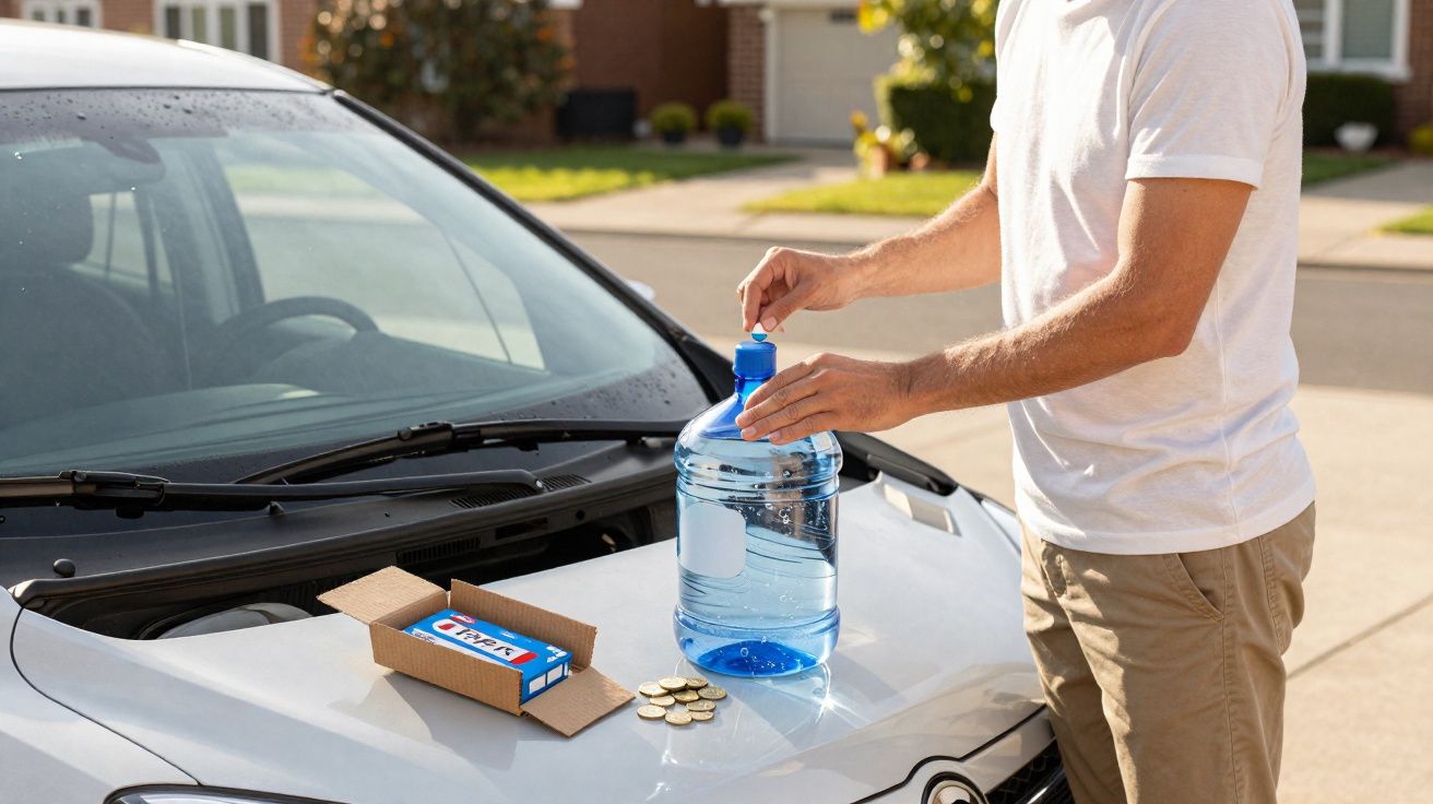 Person opening a large water bottle on a car bonnet with coins and a box on the side in a sunny neighbourhood.