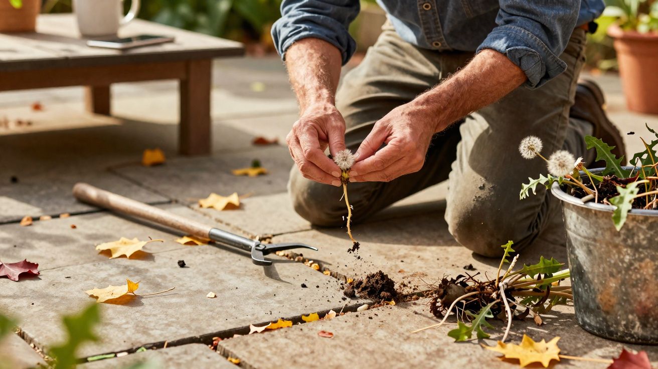 Person kneeling on a patio, removing dandelions from between paving stones with gardening tool and bucket nearby.
