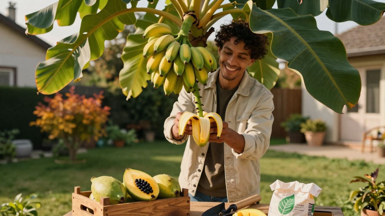 Man smiling while peeling a banana under a banana tree in a sunny garden with papayas on a table nearby