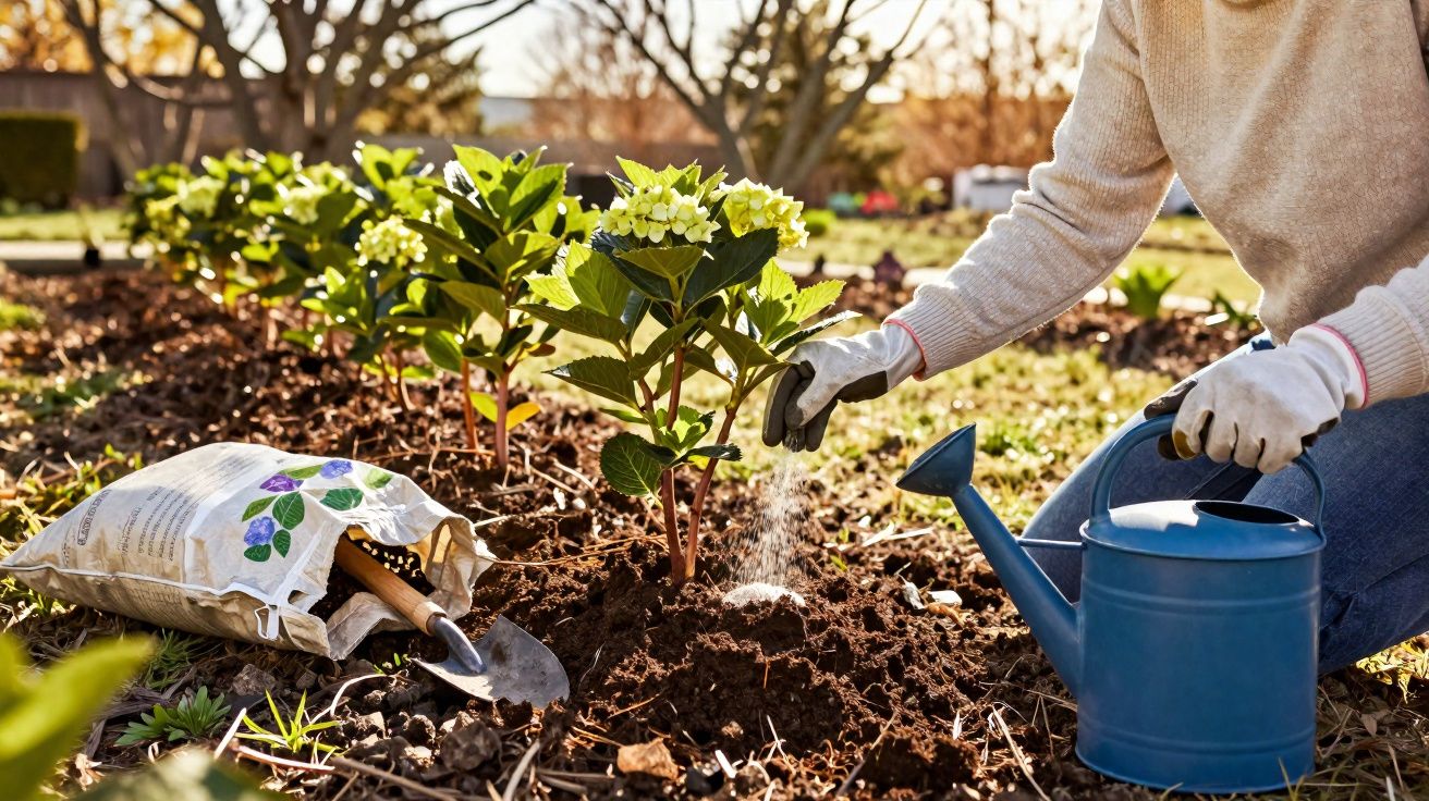 Person watering and fertilising young hydrangea plants in a garden on a sunny day.