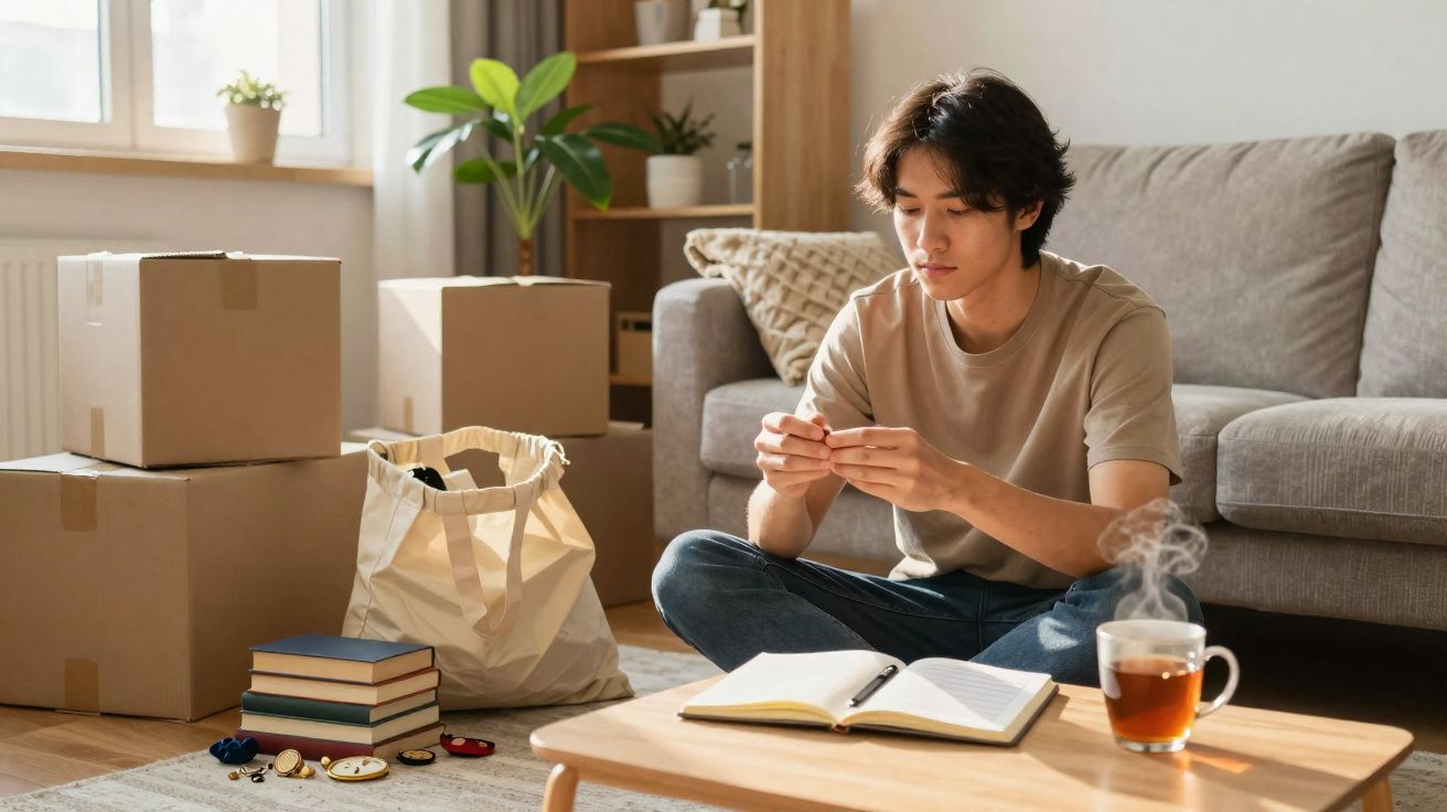 Young man sitting on floor surrounded by moving boxes, reading a book with a steaming cup of tea nearby.