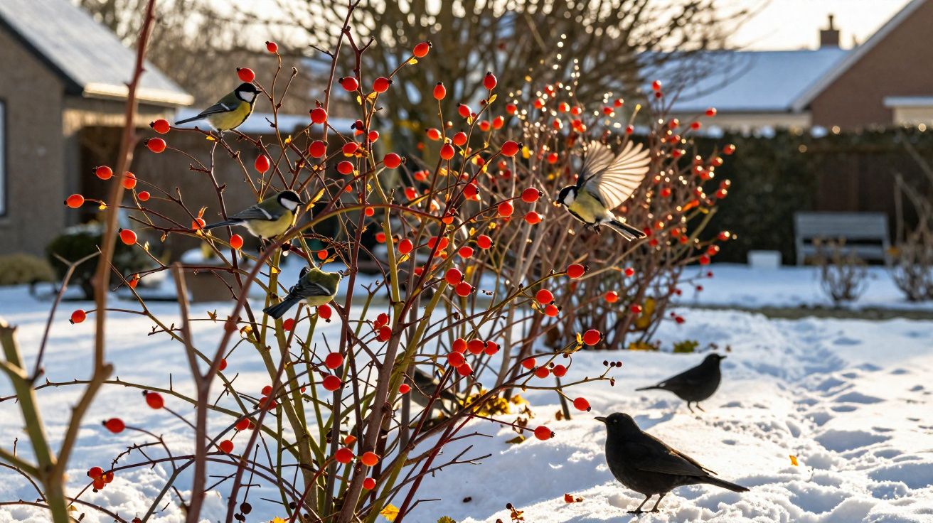 Great tits perched on rosehip bushes and blackbirds walking on snow in a sunny winter garden.