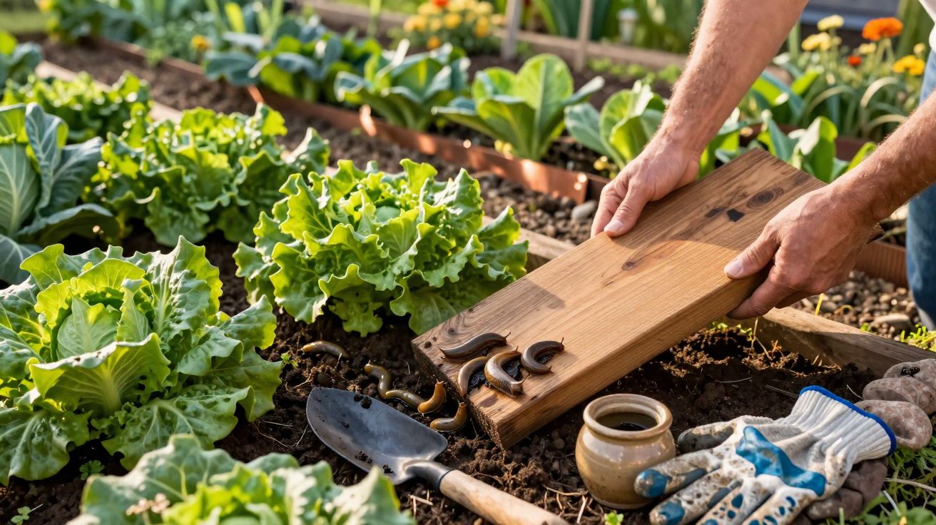 Hands holding a wooden board removing slugs from a vegetable garden bed with lettuce plants and gardening tools nearby.
