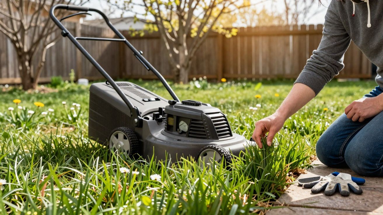 Person kneeling beside a lawn mower, pulling weeds from grass in a garden on a sunny day.