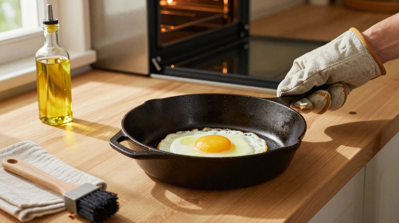Hand in oven glove holding cast iron pan with a fried egg on a wooden kitchen countertop.