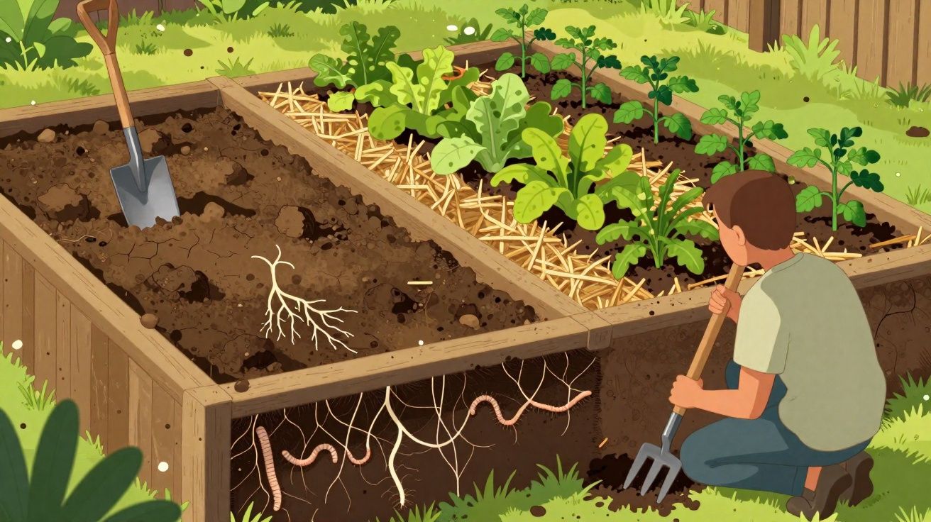Child gardening in a raised bed showing soil layers, roots, earthworms, and growing vegetable plants.