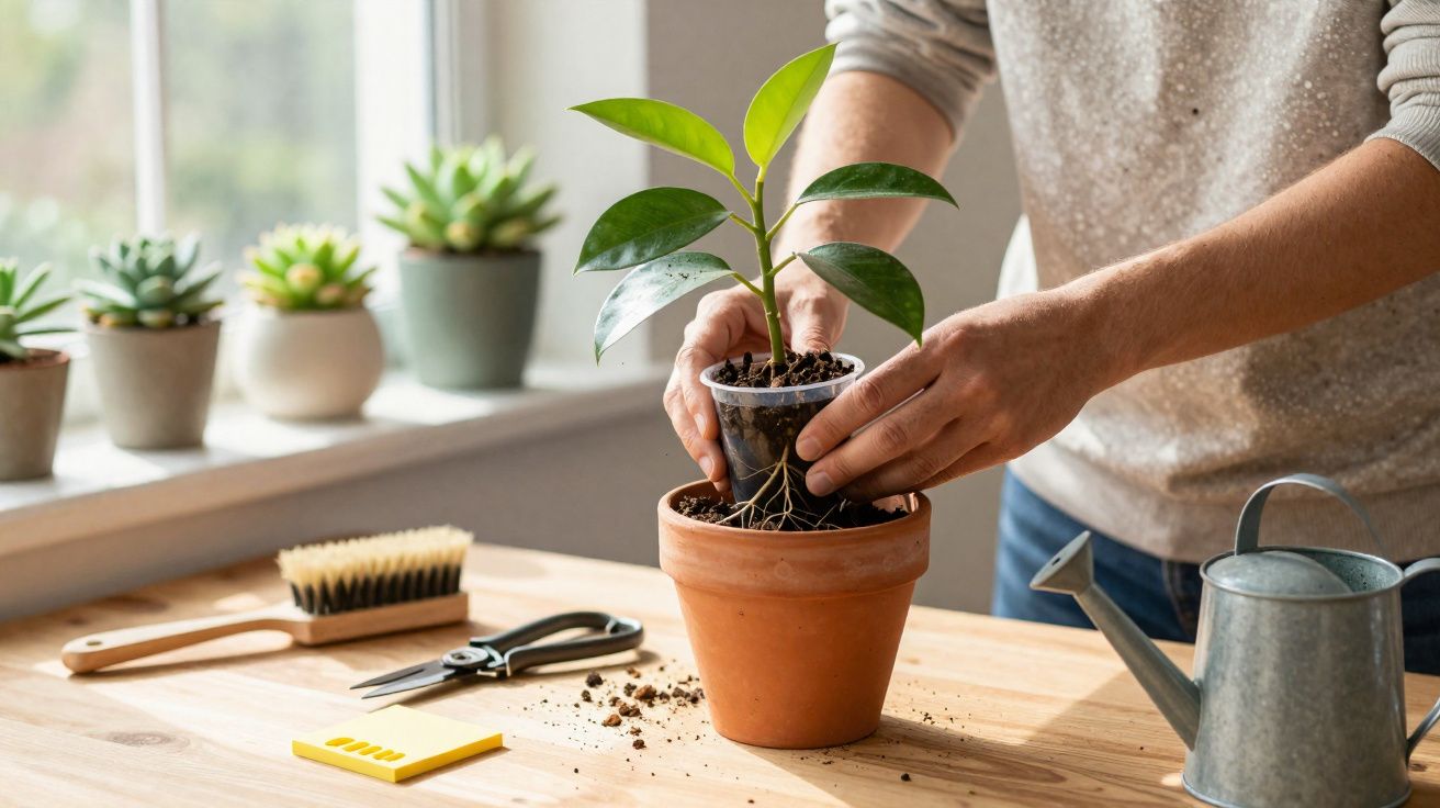 Person transplanting a small green plant into a terracotta pot on a wooden table by a window.