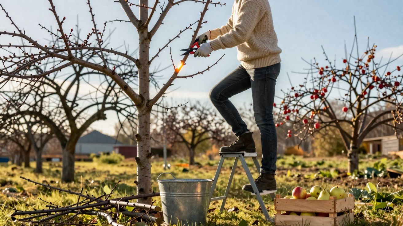 Person standing on a ladder using a small torch to prune a fruit tree in an orchard during autumn.