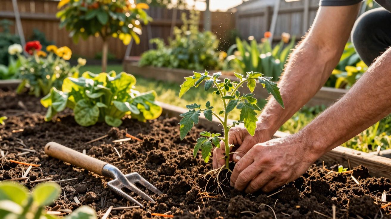 Person planting a young tomato plant in a garden bed with gardening fork nearby and flowering plants in background.