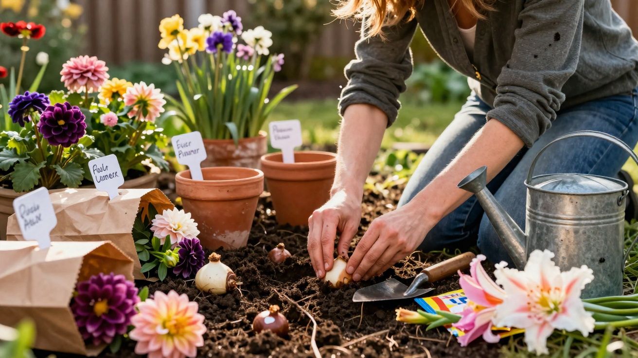 Person planting flower bulbs in soil surrounded by colourful flowers, pots, and gardening tools.