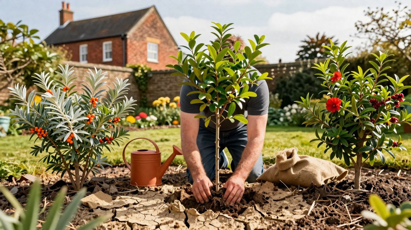 Person planting a young tree in dry soil in a garden with plants and a house in the background.