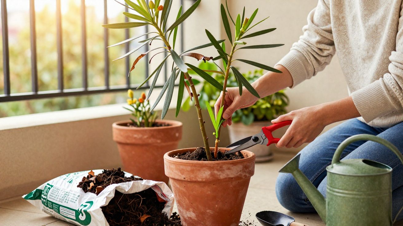 Person pruning a leafy plant in a terracotta pot on a sunlit balcony next to gardening soil and watering can.