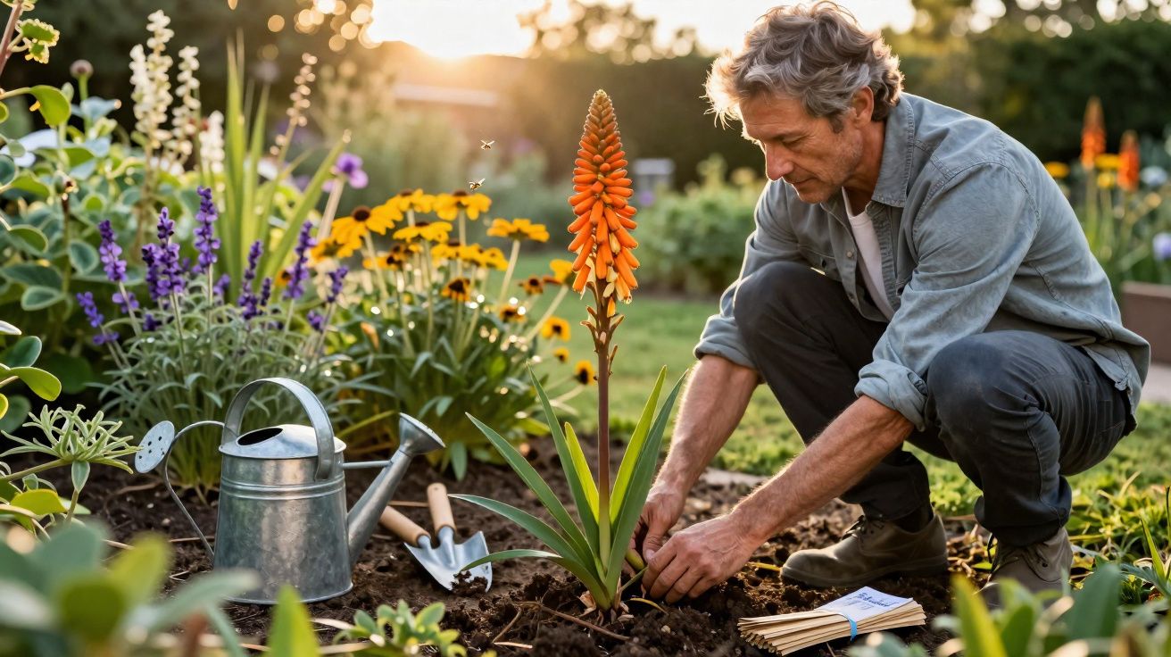 Man planting an orange flower in a garden with gardening tools and watering can nearby at sunset