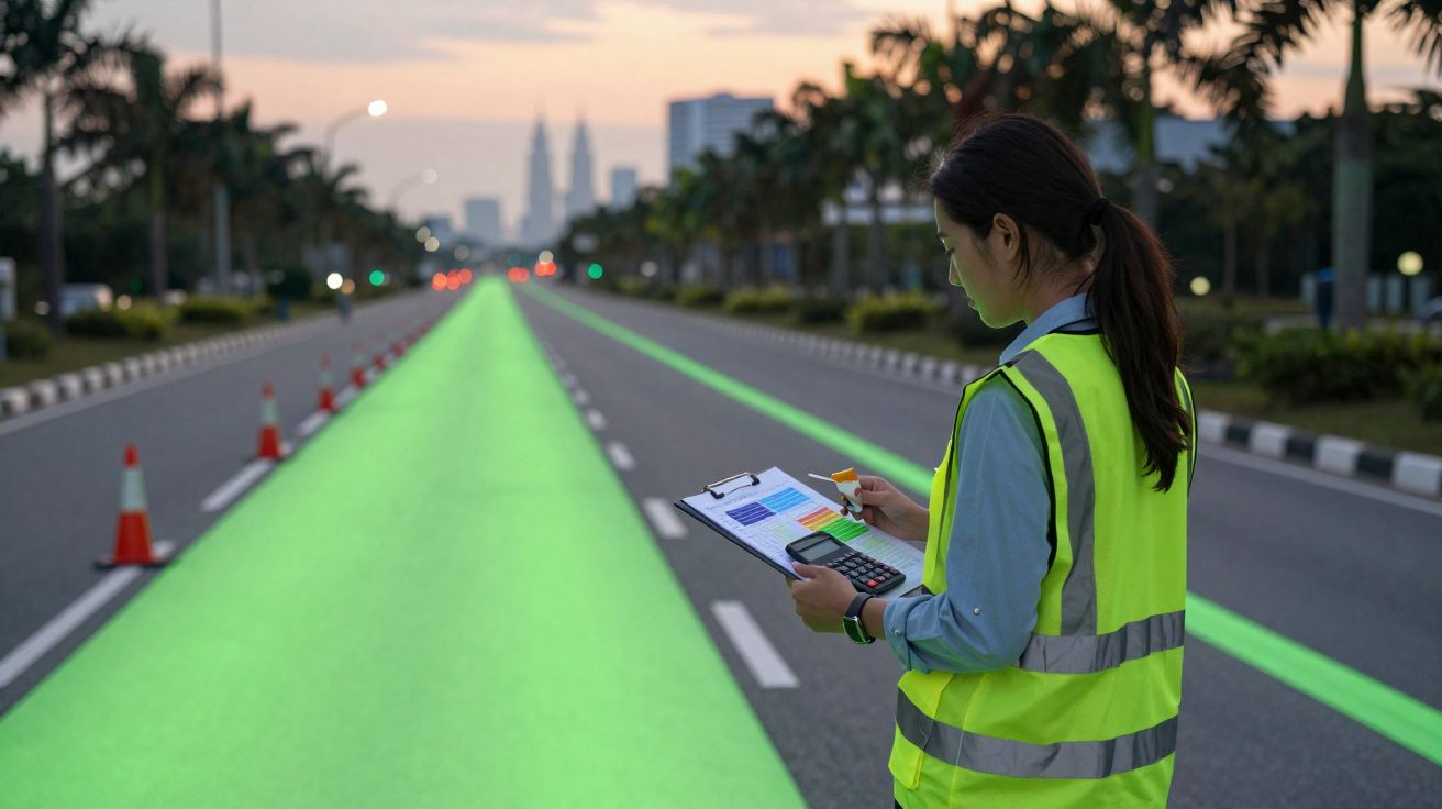 Woman in reflective vest using calculator and clipboard on empty road with green highlighted lanes at dusk