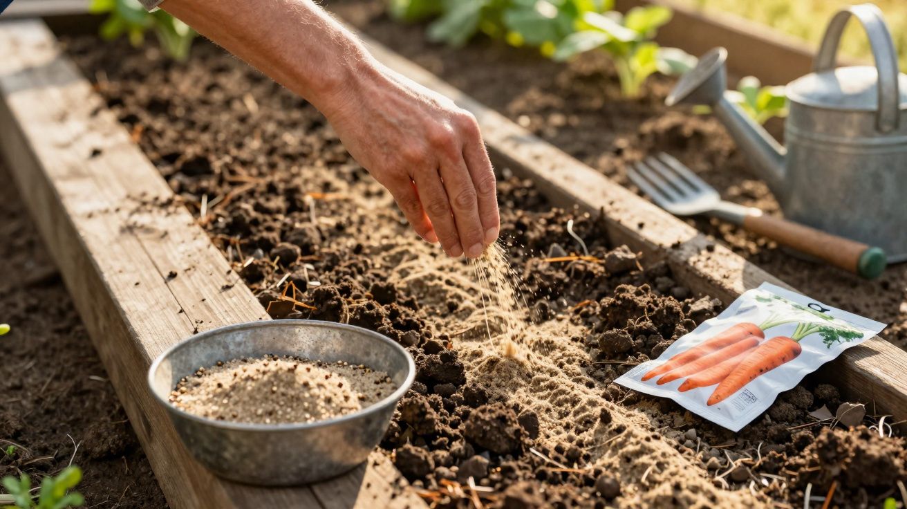 Hand sprinkling seed starting mix over prepared soil in a raised garden bed with carrot seed packet nearby.