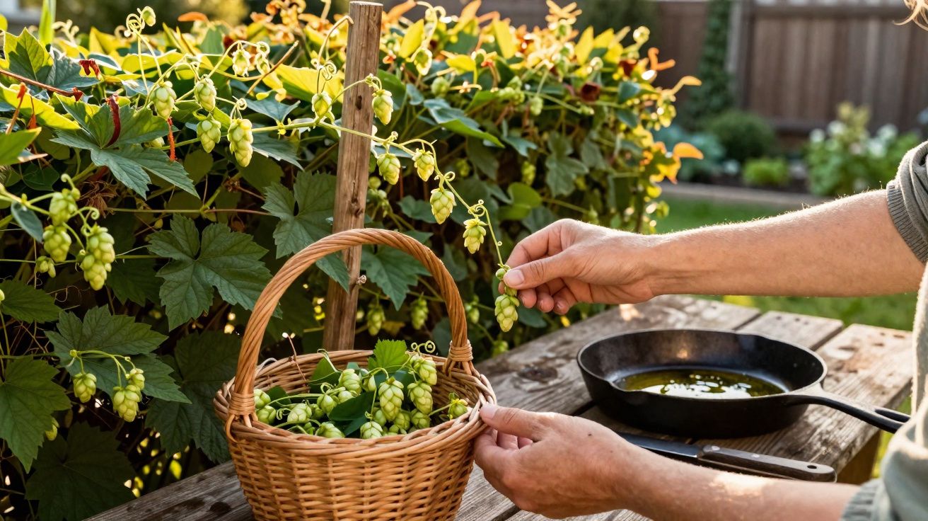 Person harvesting fresh hop cones into a wicker basket on a wooden table with a frying pan nearby.